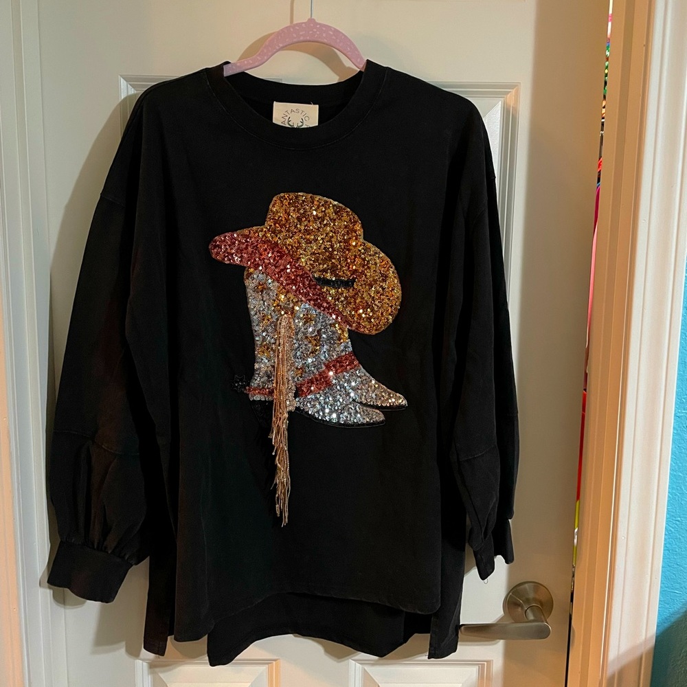 Sequin Western Boots Graphic Top